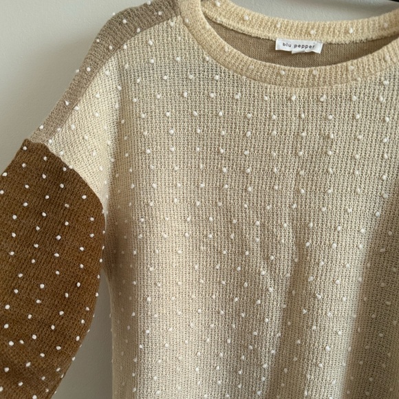 Blu Pepper Brown Beige Polka Dot Sweater Top Size Large - Picture 2 of 5